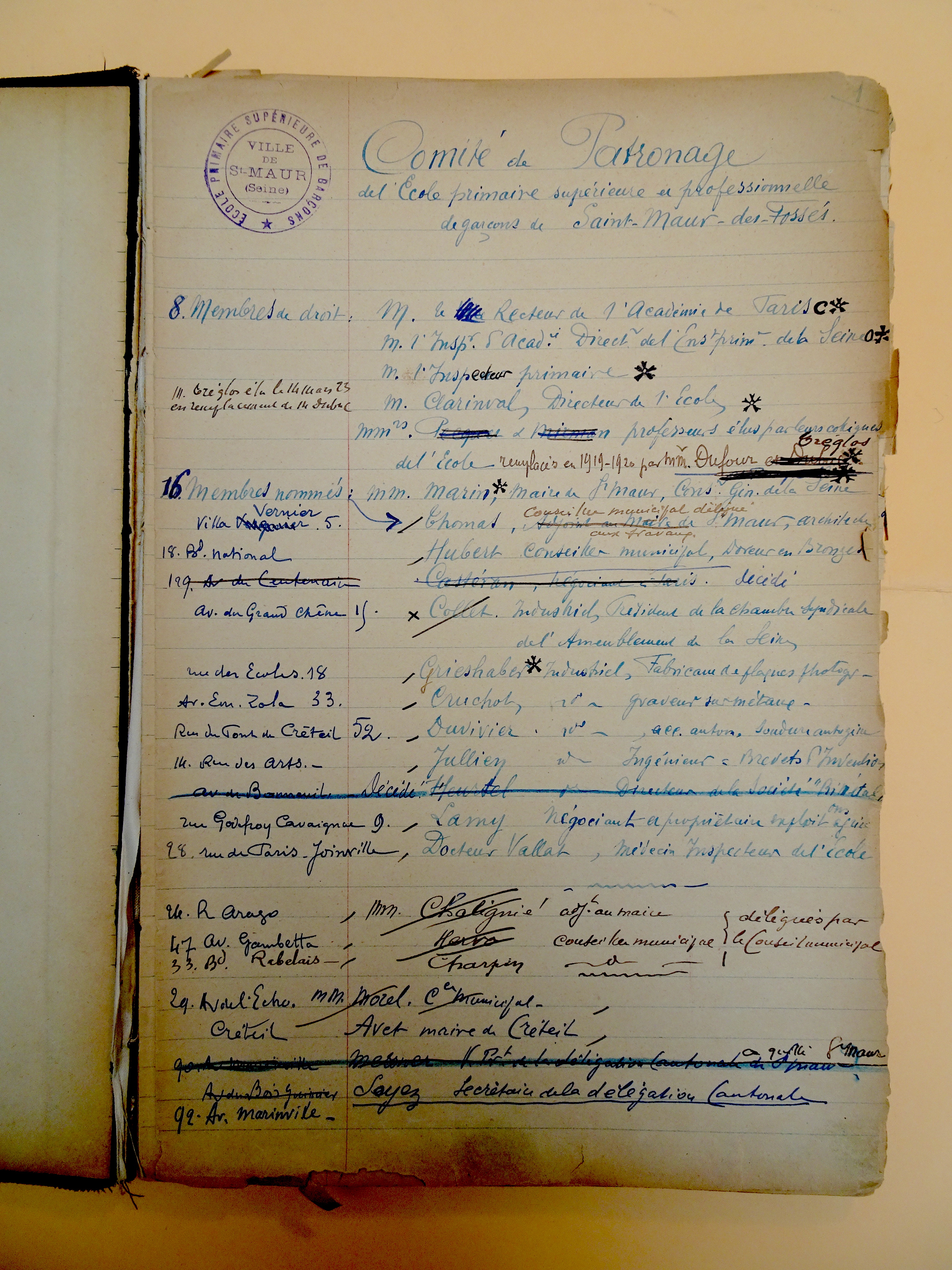 La première page du Registre du Comité de patronage (1919)